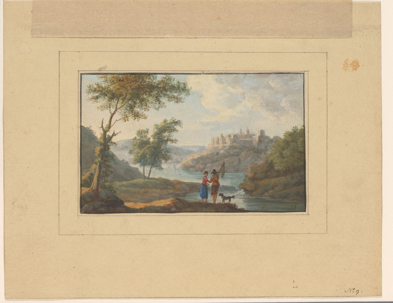 Flusslandschaft mit einem Mann, einer Frau und einem Hund im Vordergrund von Anonymous