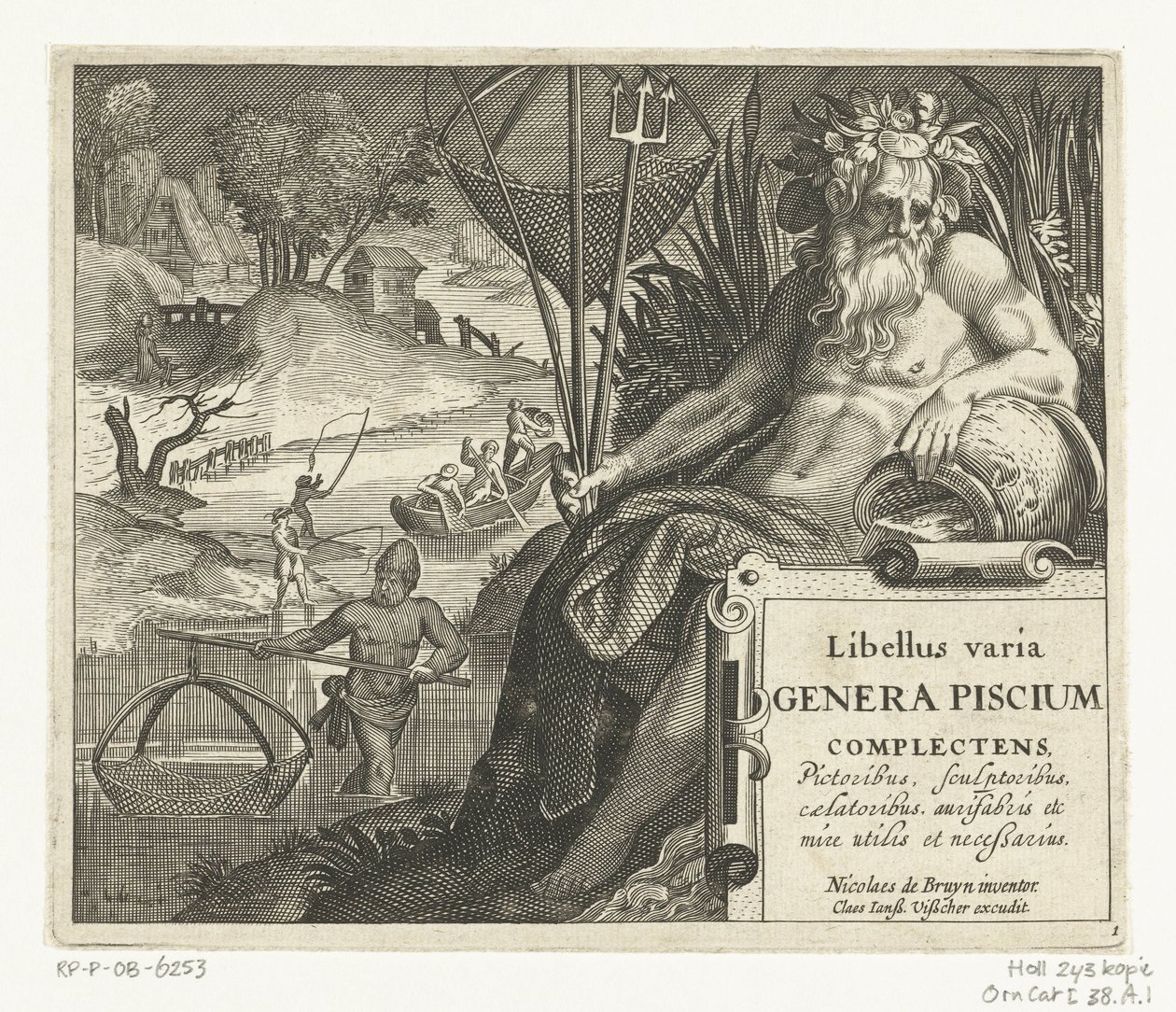 Titelblatt mit Titel und Flussgott mit Dreizack und Fischernetz in Landschaft mit Fischern (Libelivs varia Genera piscium complectens) von Anonymous