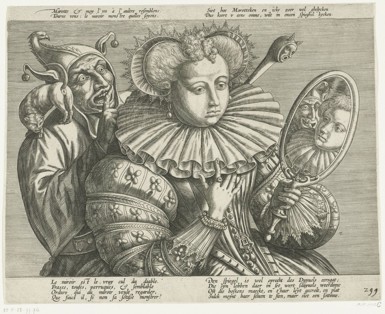 Frau mit Spiegel und Narr: Karikatur über den kostbaren steifen Kragen, ca. 1600 von Anonymous