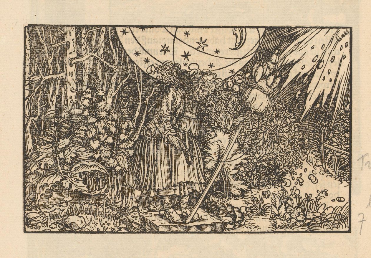 Frau mit Spinnrocken in einem Wald und einem Himmelsgewölbe von Anonymous
