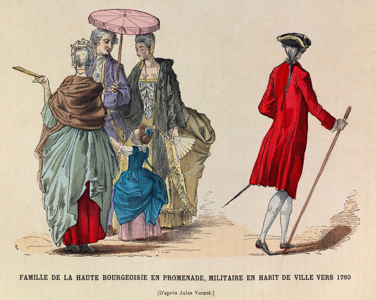 Eine Familie der hohen Bourgeoisie beim Spaziergang und ein Soldat in Stadtkleidung im Jahr 1760 (Herrschaft von König Ludwig XV.) - Private Sammlung von Anonymous Anonymous