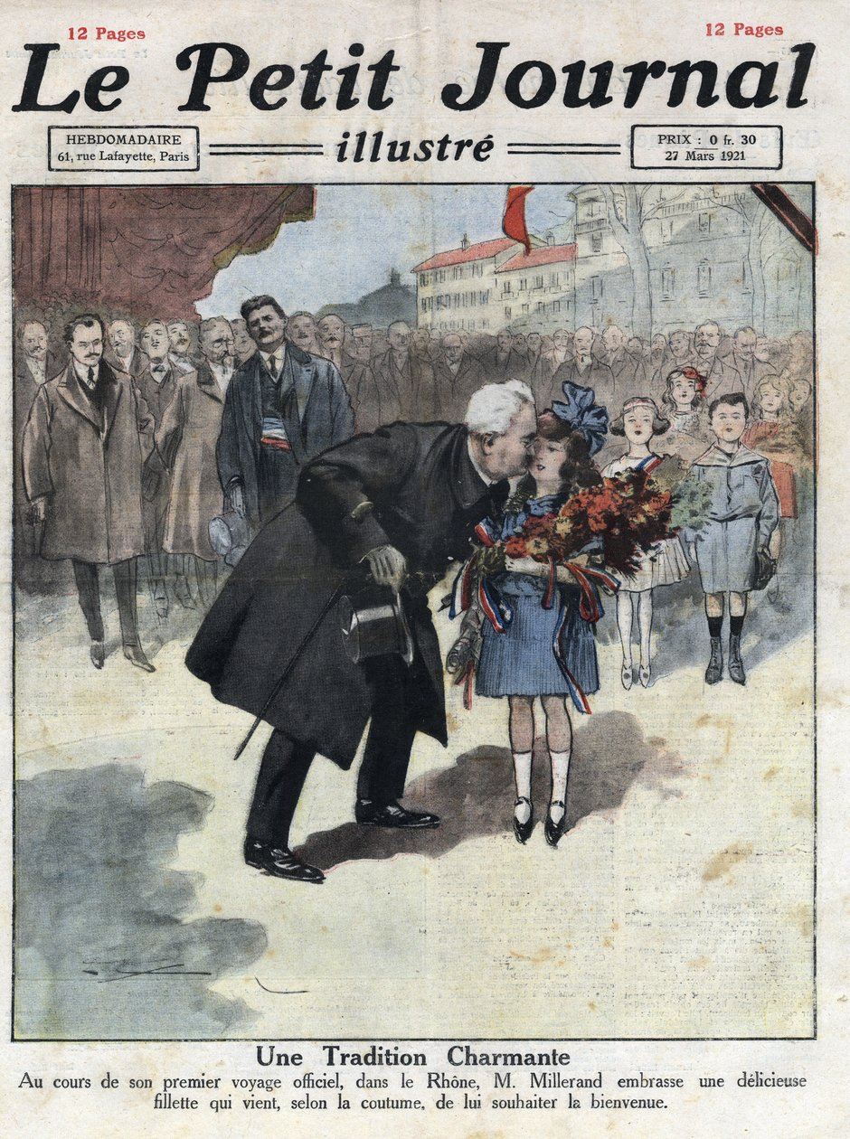 Ein kleines Mädchen bietet dem Präsidenten der Republik Alexandre Millerand während eines seiner Aufenthalte im Rhone ein Bouquet in Trikolore-Farben an. Illustration aus „Le petit journal“ vom 27.03.1921. Private Sammlung von Anonymous Anonymous