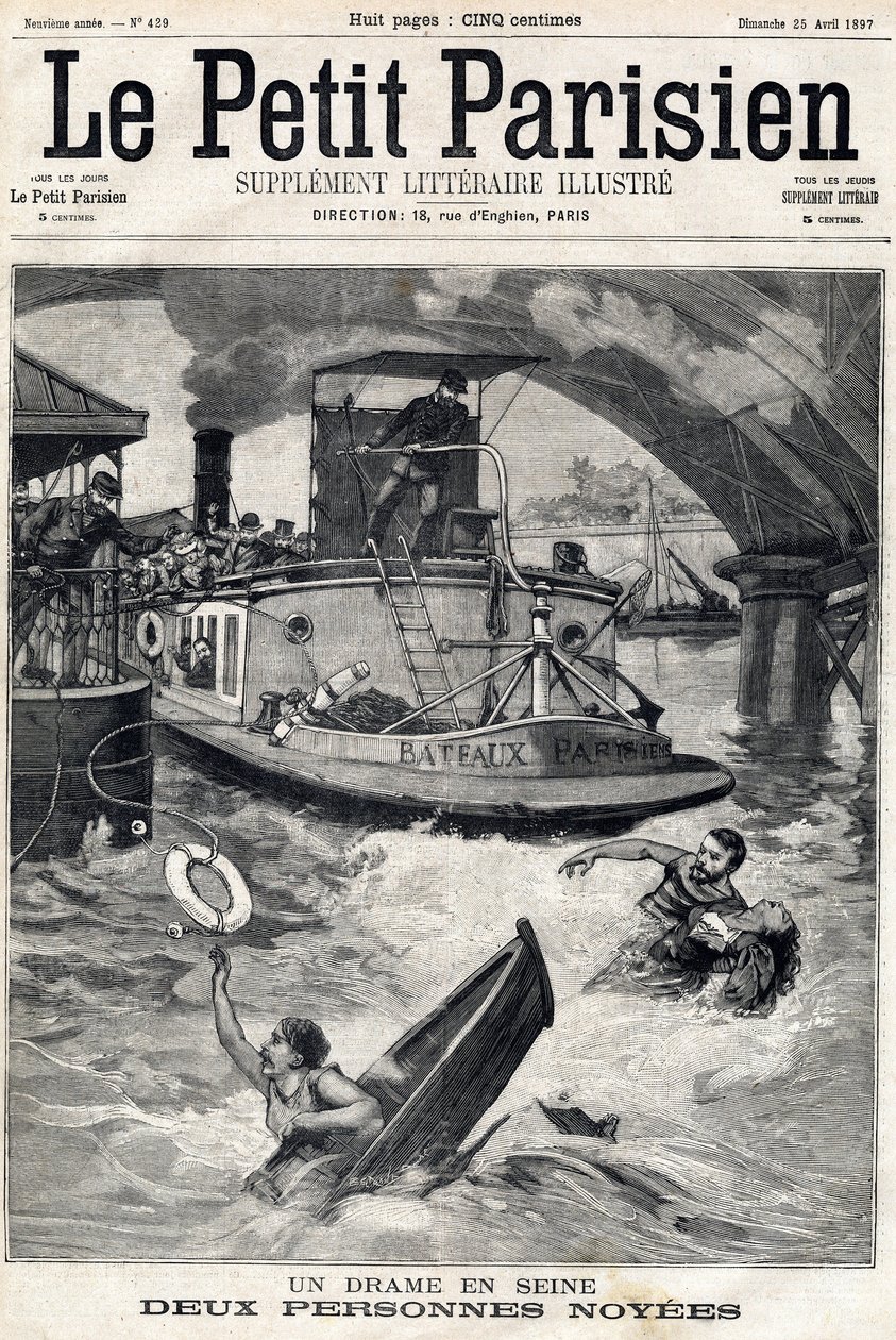 Unfall in der Seine: zwei Personen in einem ertrunkenen Boot. In „Le Petit Parisien“ am 25.04.1897 von Anonymous Anonymous