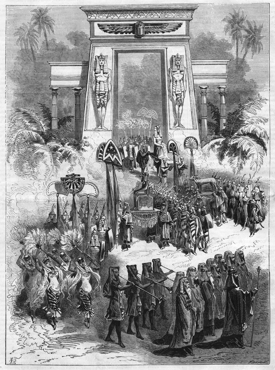 Akt II des Stücks, Aida. Große Oper in vier Akten und sieben Gemälden von Giuseppe Verdi (1813-1901) spielt im italienischen Theater in Paris. Gravur in „L
