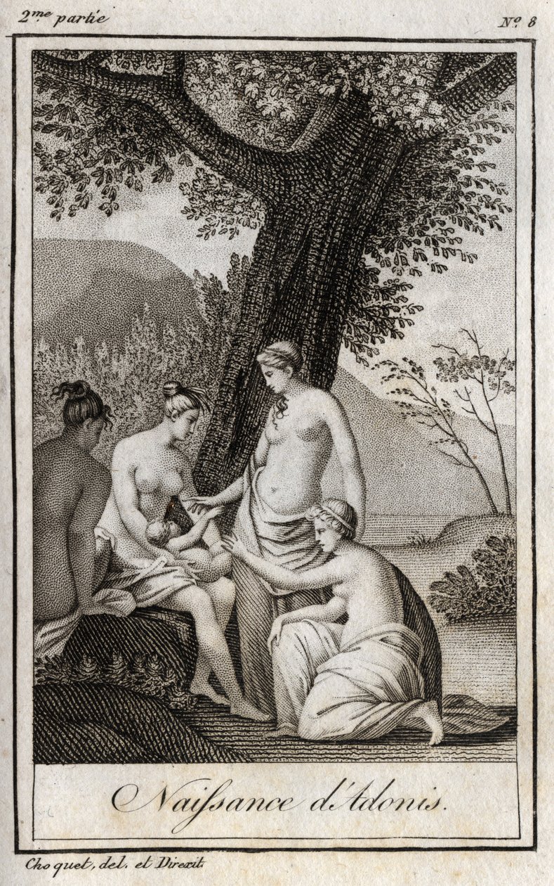 Adonis wird geboren. Gravur von 1819 in „Lettres à Emilie sur la mythologie“ von Charles Albert Demoustier (1760-1801). Private Sammlung von Anonymous Anonymous