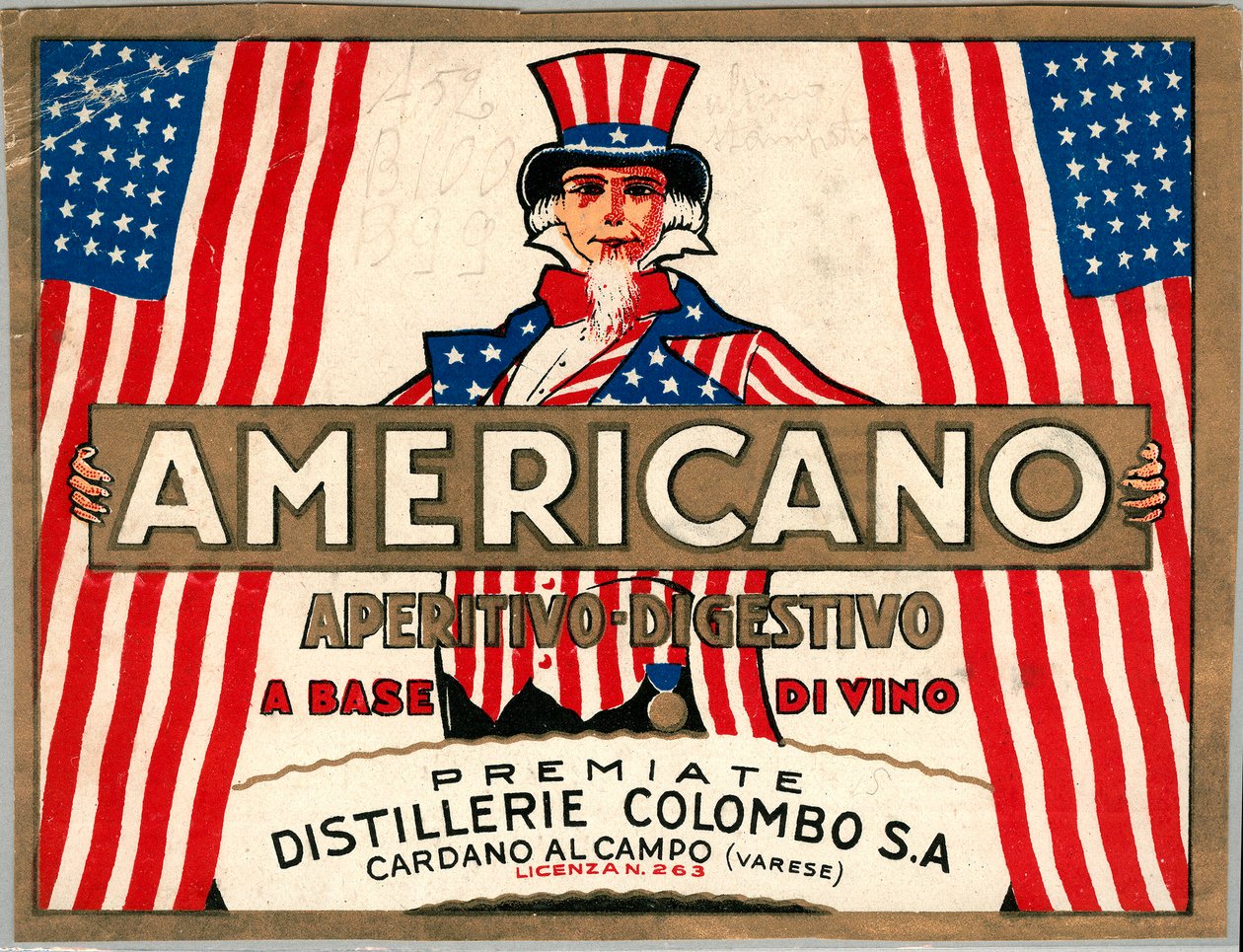 Werbung für italienischen Shortdrink Americano, mit allegorischer Personifikation von Amerika Onkel Sam von Anonymous Anonymous