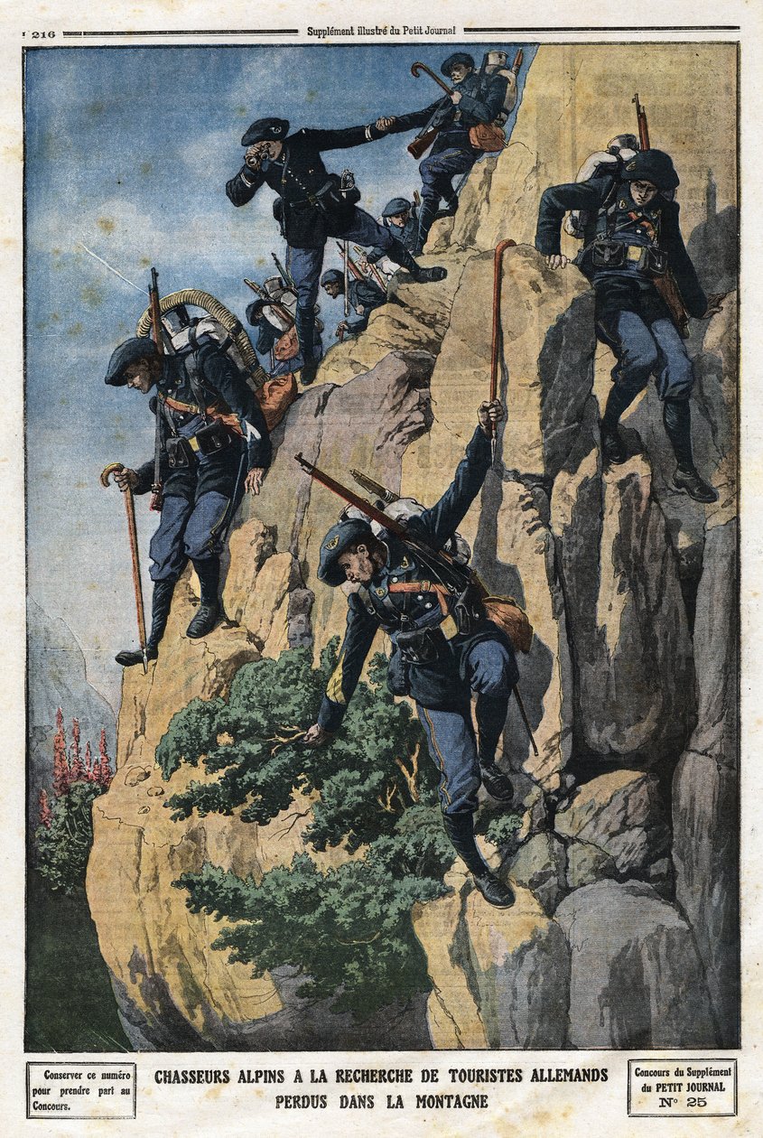 Alpenjäger suchen nach verlorenen deutschen Touristen. Sie wollten zum Berg Nero (Helm du Nero) im Chartreuse-Massiv. Gravur in „Le Petit Journal“, am 07.07.1912. Private Sammlung. von Anonymous Anonymous