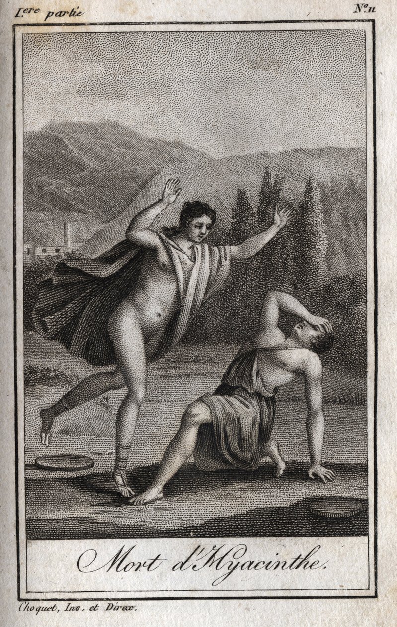 Apollo und Hyacinthos (Tod von Hyacinthos). Gravur von 1819 in „Lettres à Emilie sur la mythologie“ von Charles Albert Demoustier (1760-1801). Private Sammlung. von Anonymous Anonymous