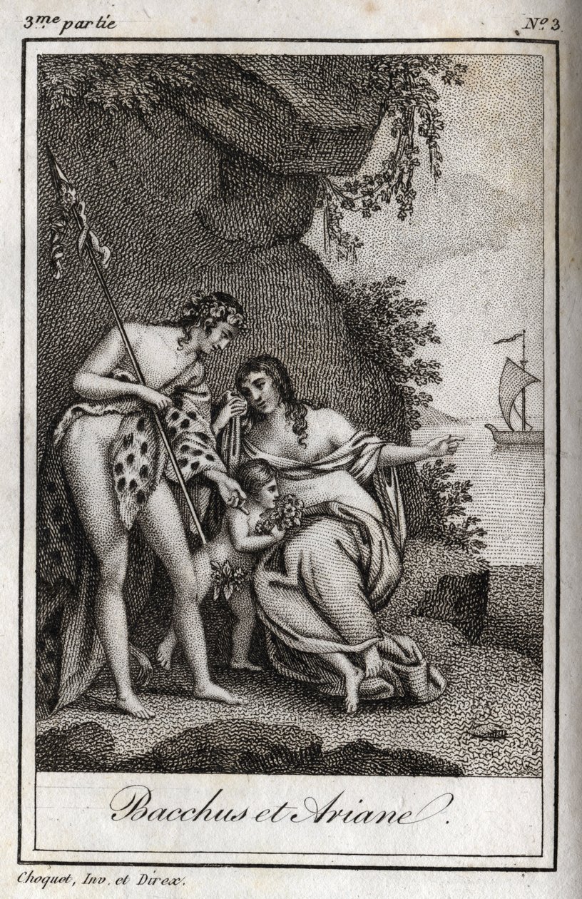Bacchus und Ariadne. Gravur von 1819 in „Lettres à Emilie sur la mythologie“ von Charles Albert Demoustier (1760-1801). Private Sammlung von Anonymous Anonymous