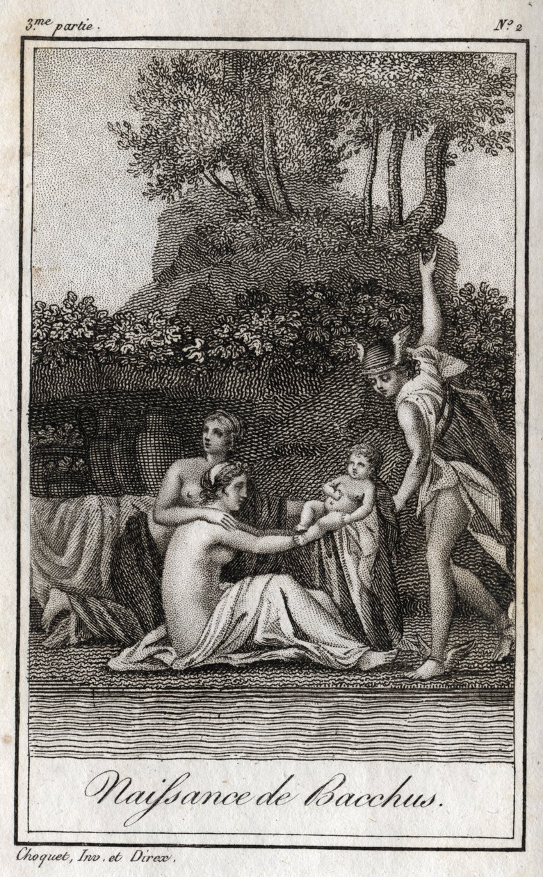 Geburt des Bacchus, Sohn von Jupiter und Semele. Gravur von 1819 in „Lettres à Emilie sur la mythologie“ von Charles Albert Demoustier (1760-1801). Privatsammlung. von Anonymous Anonymous