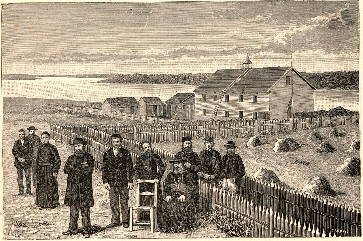 Bischof Isidore Clut (1832-1903), R.P. Le Corre und andere Mitglieder der Providence-Mission in Athabaska Mackenzie (Athabaska-Mackenzie) in Kanada am Ende des 19. Jahrhunderts. Gravur in „Les Missions Catholiques au XIXème Siècle“ von Louis-Eugène Louvet. von Anonymous Anonymous