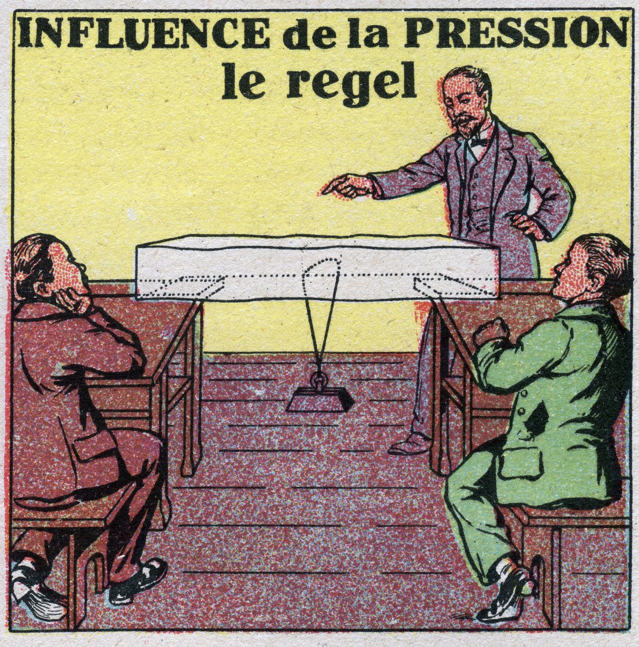 Zustandsänderungen: Einfluss des Drucks auf die Schmelze. Erfahrung, dass ein Draht, der durch ein Gewicht gespannt ist, durch ein Stück Eis geht, ohne es zu brechen. Anonyme Illustration von 1925. Private Sammlung. von Anonymous Anonymous