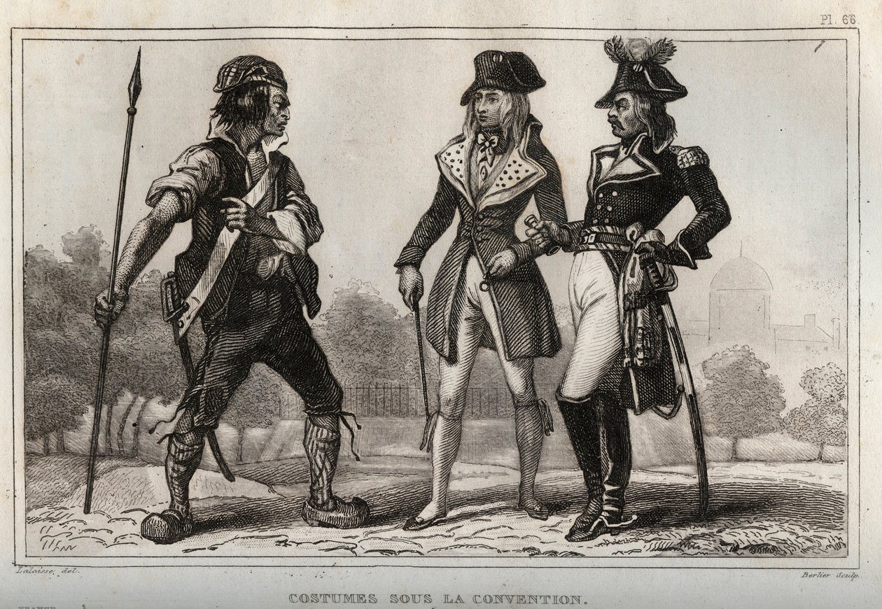 Kostüme unter der Konvention. Gravur von 1859 in „Le Monde. Geschichte aller Völker von den frühesten Zeiten bis zur Gegenwart“ von M. E. de Lostalot-Bachoue. Private Sammlung. von Anonymous Anonymous