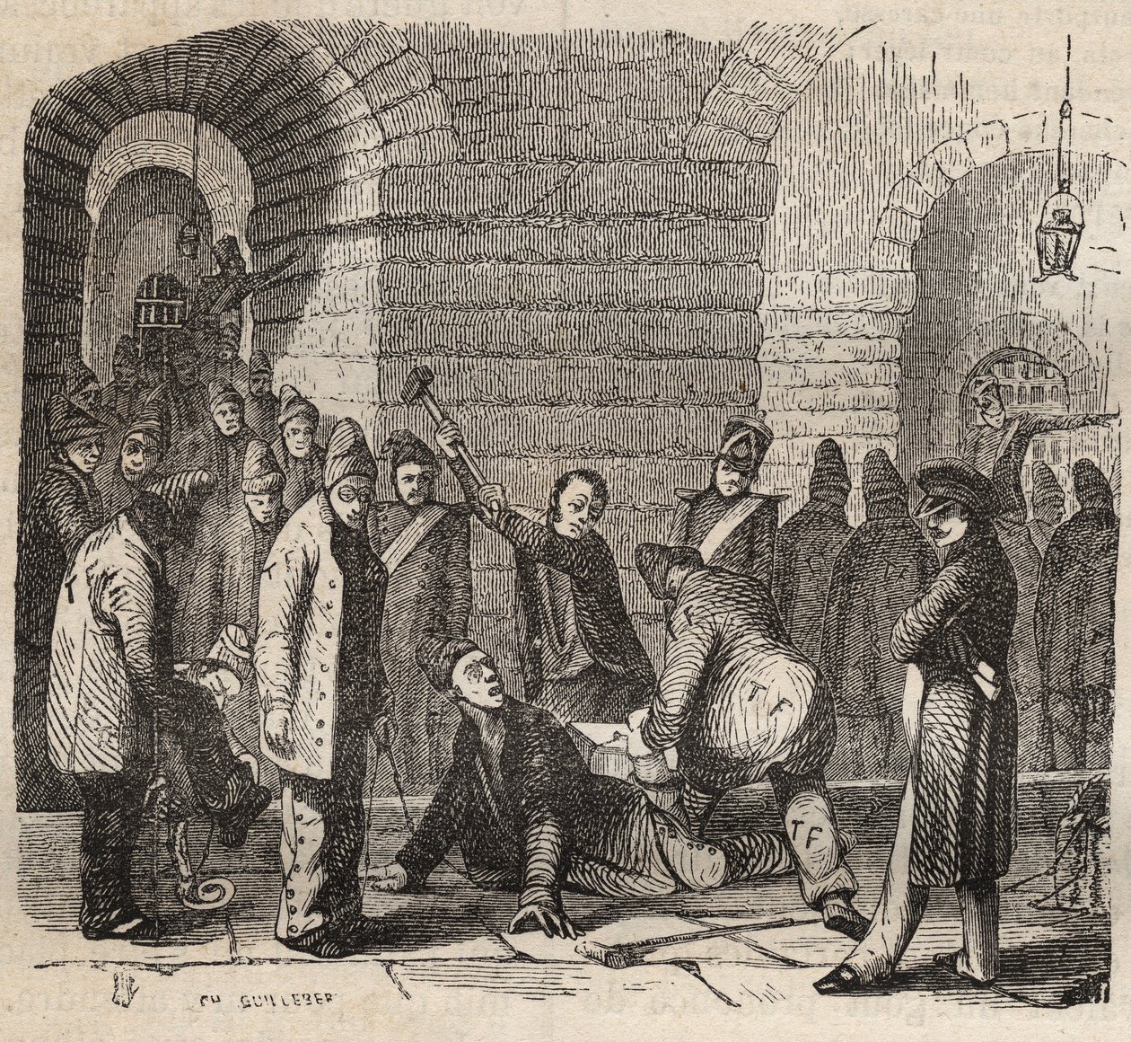 Kopplung im Rochefort Bagne im 19. Jahrhundert. Gravur in „Histoire des bagnes depuis leur création à nos jours“ (1877) von Pierre Zaccone. Private Sammlung. von Anonymous Anonymous