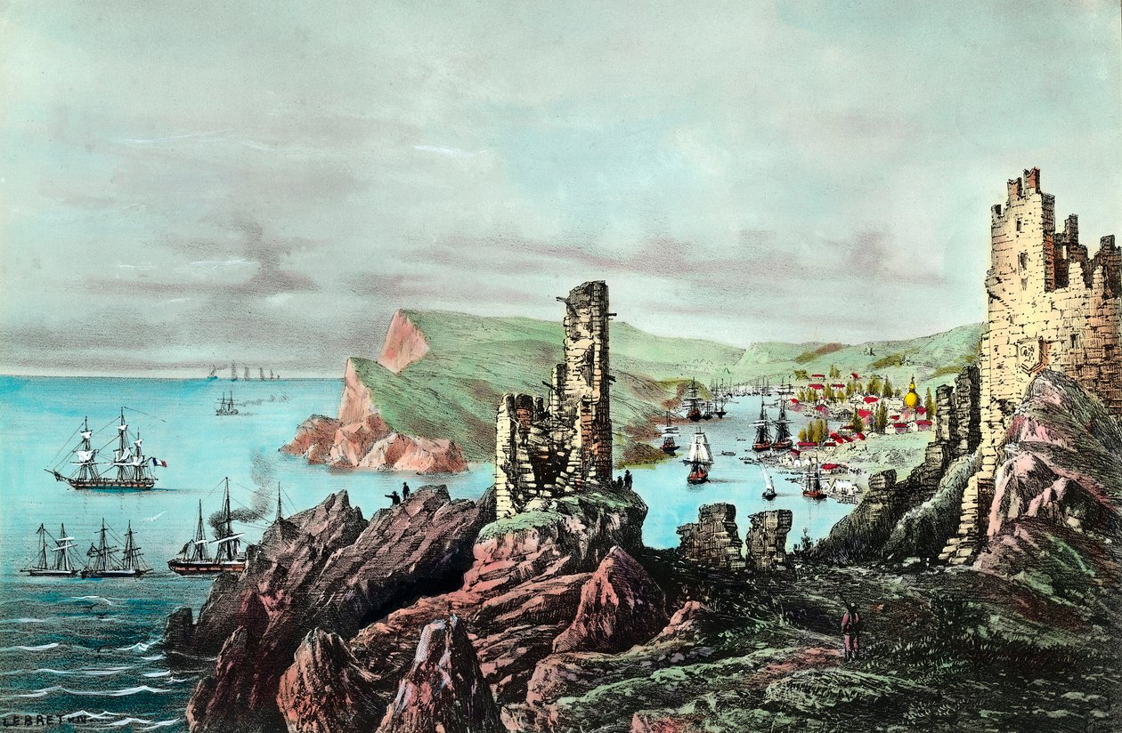 Krimkrieg: Blick auf den Hafen von Balaklava auf der Krim. Gravur um 1854-1855. Private Sammlung von Anonymous Anonymous