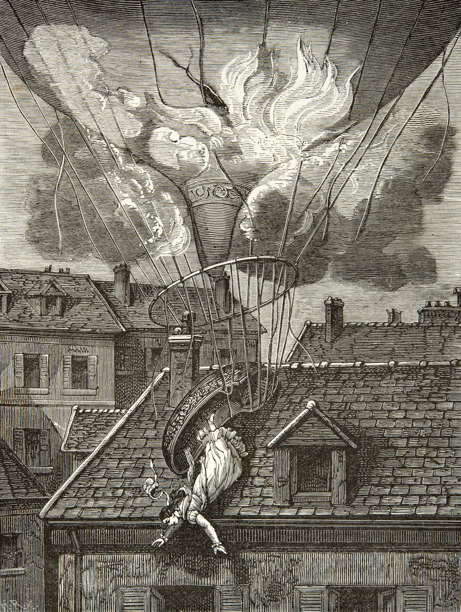Dramatischer Tod von Madame Sophie Blanchard (1778-1819), Aeronautin am 6. Juli 1819 über den Gärten von Tivoli in Paris, Gravur, Private Sammlung von Anonymous Anonymous