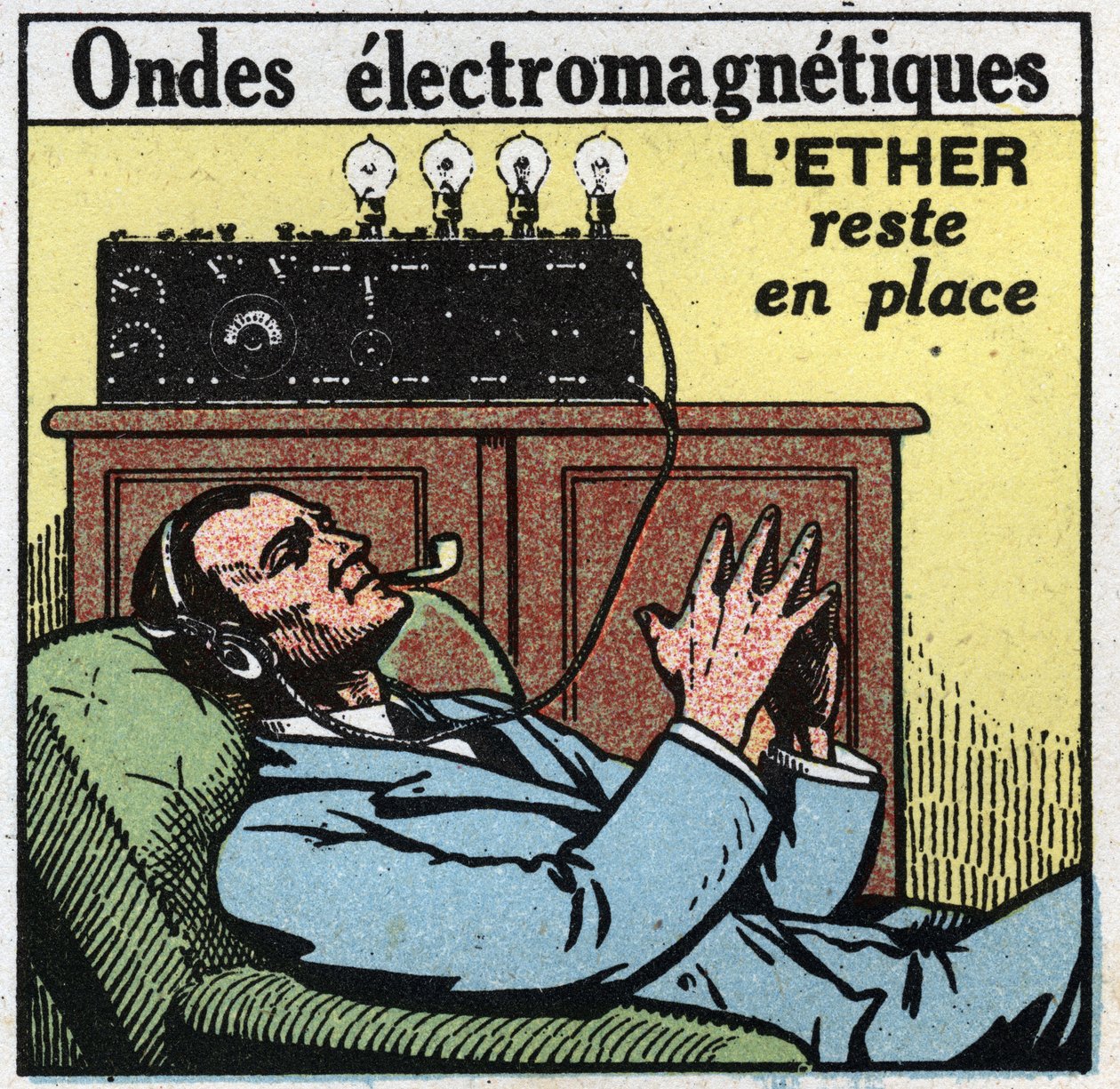 Elektrische Phänomene: Wenn der Äther an Ort und Stelle bleibt, erzeugt die Schwingungsbewegung die elektromagnetischen Wellen, die in der T.S.F. verwendet werden. Anonyme Illustration von 1925. Private Sammlung. von Anonymous Anonymous