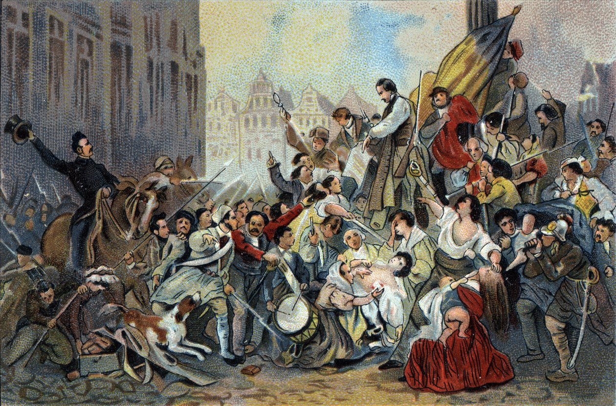 Episode der Revolution von 1830 vor dem Brüsseler Rathaus. Werbe-Chromolithographie von Antoine-Schokoladen in Brüssel, Anfang des 20. Jahrhunderts. von Anonymous Anonymous