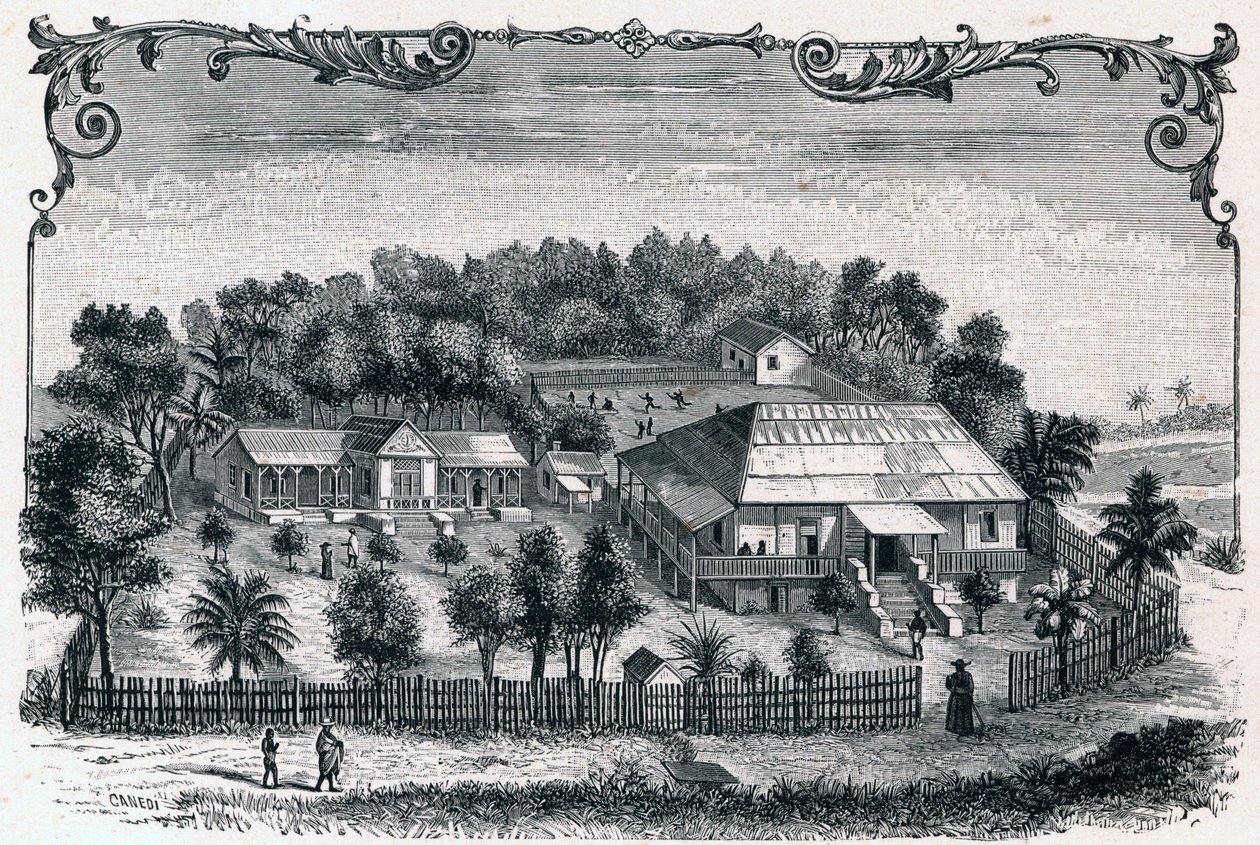 Außenansicht des Pfarrhauses und der Schule von Hell-Ville, Hauptstadt der Insel Nosy Be in Madagaskar. Gravur in „Les Missions Catholiques au XIXème Siècle“ von Louis-Eugène Louvet. Private Sammlung. von Anonymous Anonymous