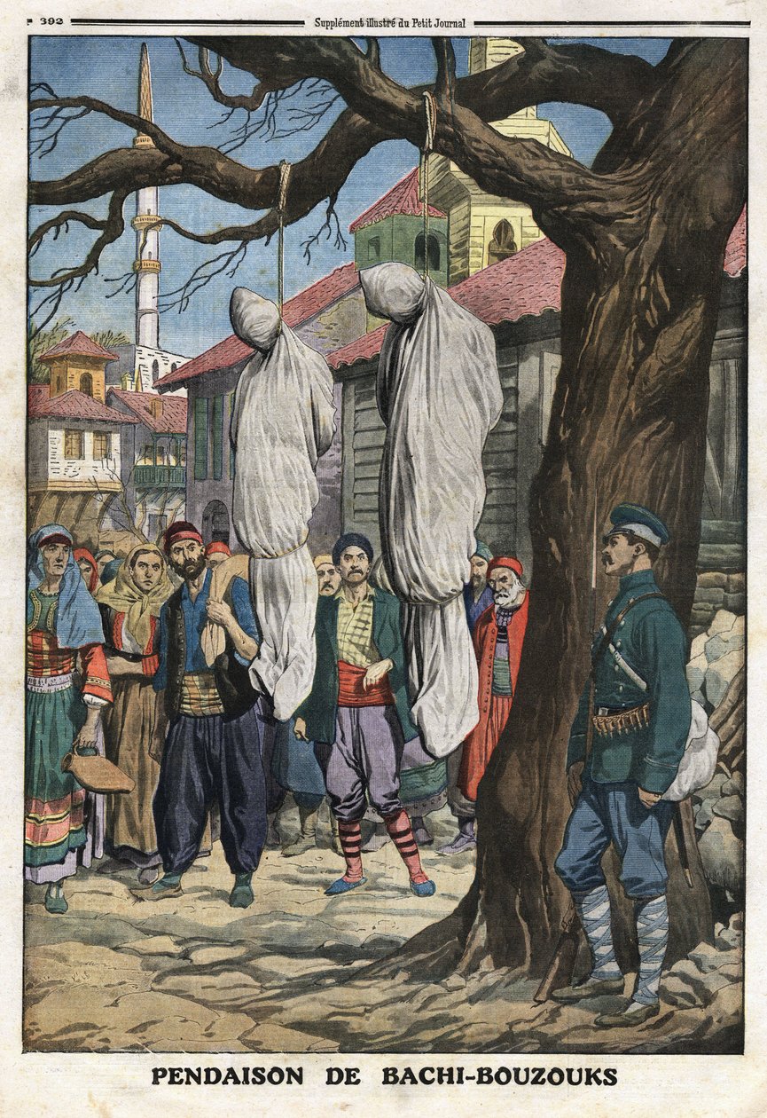 Erster Balkankrieg: Erhängung von Bachibuzuk, Söldnerreitern der osmanischen Armee, Räubern und Plünderern, gefangen von der bulgarischen Armee im Dorf Ketcheukeli. Illustration aus „Le Petite Journal“ 08.12.1912 von Anonymous Anonymous