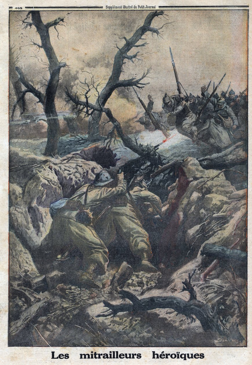 Erster Weltkrieg 1914-1918. Französische Maschinengewehrschützen schießen auf angreifende deutsche Soldaten. In „Le Petit Journal“, am 09.04.1916. Private Sammlung von Anonymous Anonymous