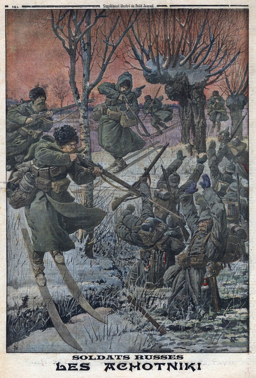 Erster Weltkrieg 1914-1918. Russische Soldaten Ahotniki auf Skiern schießen auf deutsche Soldaten. In 
