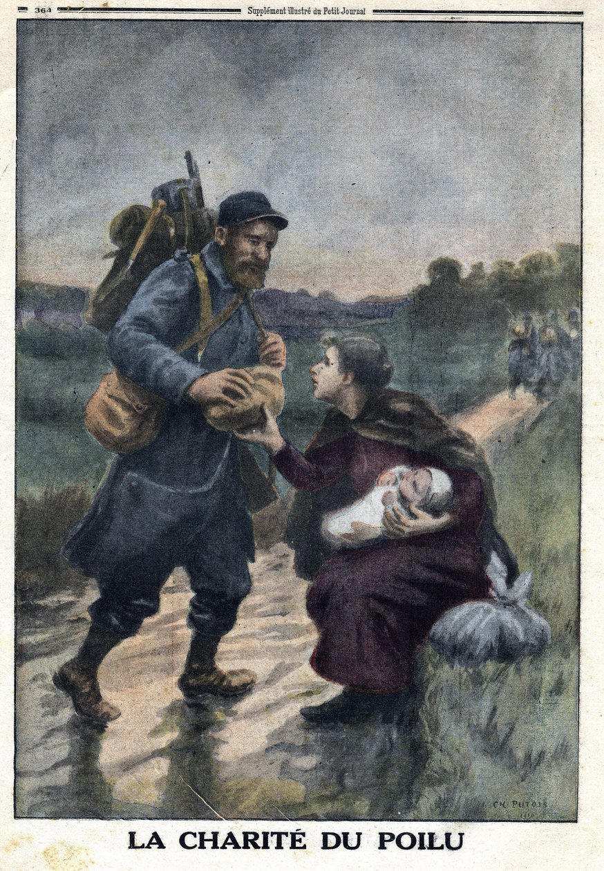Erster Weltkrieg 1914-1918 (Krieg 14-18). Die Nächstenliebe der Haarigen: ein französischer Soldat hält auf einem Weg an, um einer Frau mit ihrem Baby Brot anzubieten. In „Le Petite Journal“, am 9.01.1916. Private Sammlung von Anonymous Anonymous