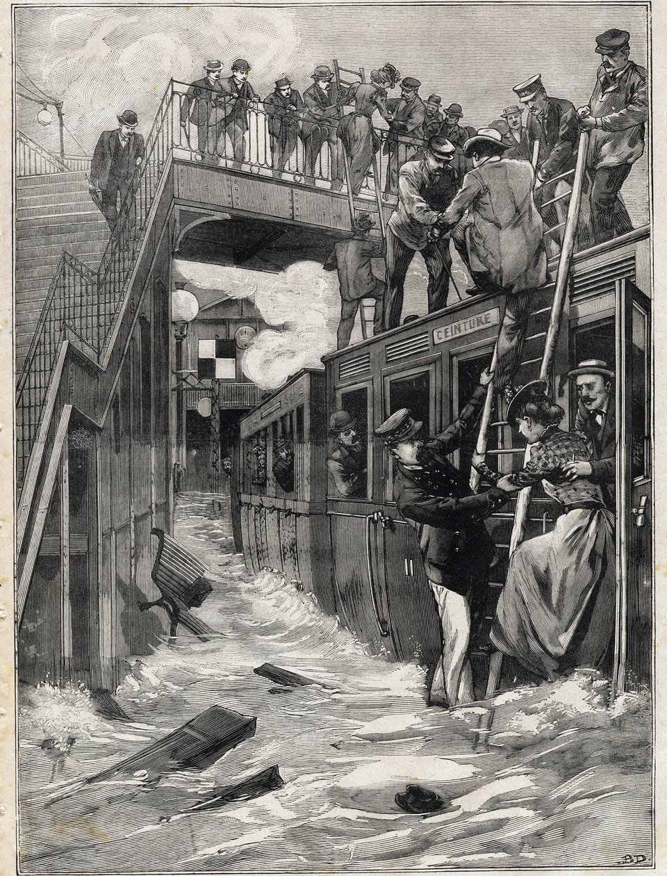 Überschwemmung des Bahnhofs Gare de la Chapelle auf der Linie des kleinen Gürtels in Paris. Gravur. In „Le Petit Parisien“. von Anonymous Anonymous