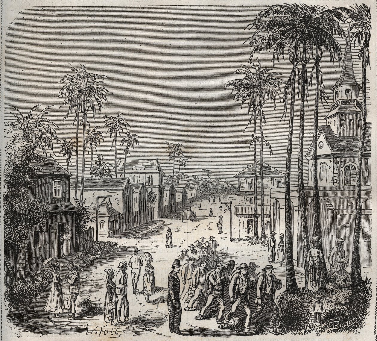 Forcats auf dem Weg zur Arbeit im Penitencier Saint-Laurent in Cayenne (Französisch-Guayana) im 19. Jahrhundert. Gravur in „Histoire des bagnes depuis leur création à nos jours“ (1877) von Pierre Zaccone (1817-1895). von Anonymous Anonymous