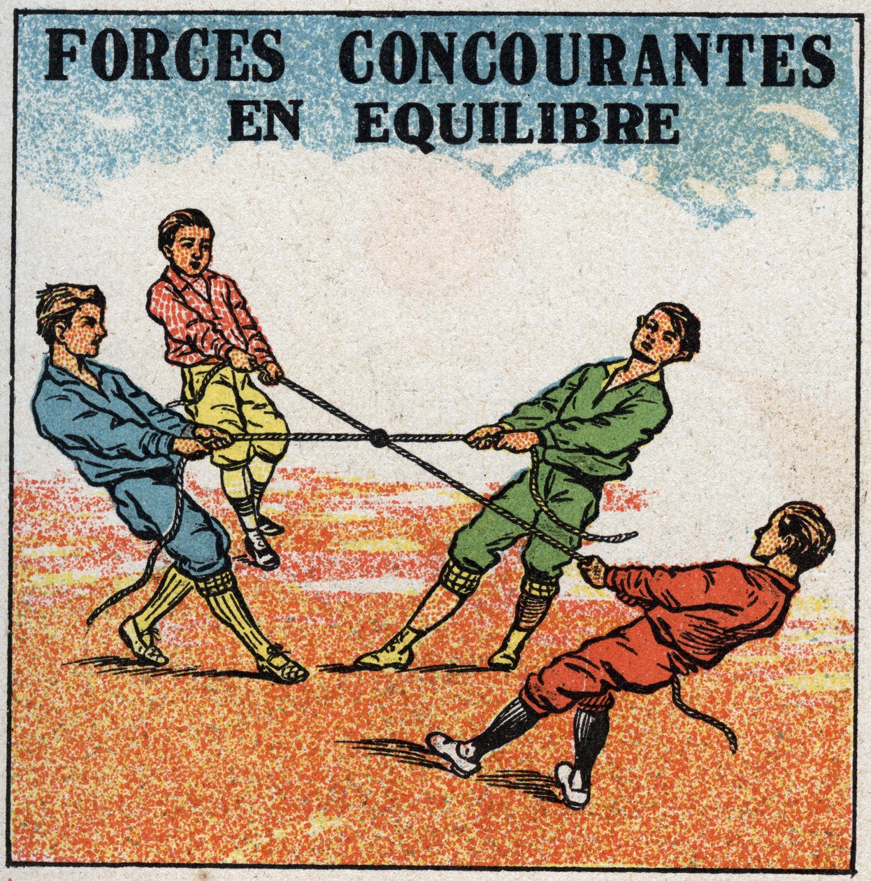 Kräfte: konkurrierende Kräfte im Gleichgewicht. Kinder ziehen an einem Ring, jeder von seiner Seite, während sie im Gleichgewicht bleiben. Anonyme Illustration von 1925. Private Sammlung. von Anonymous Anonymous