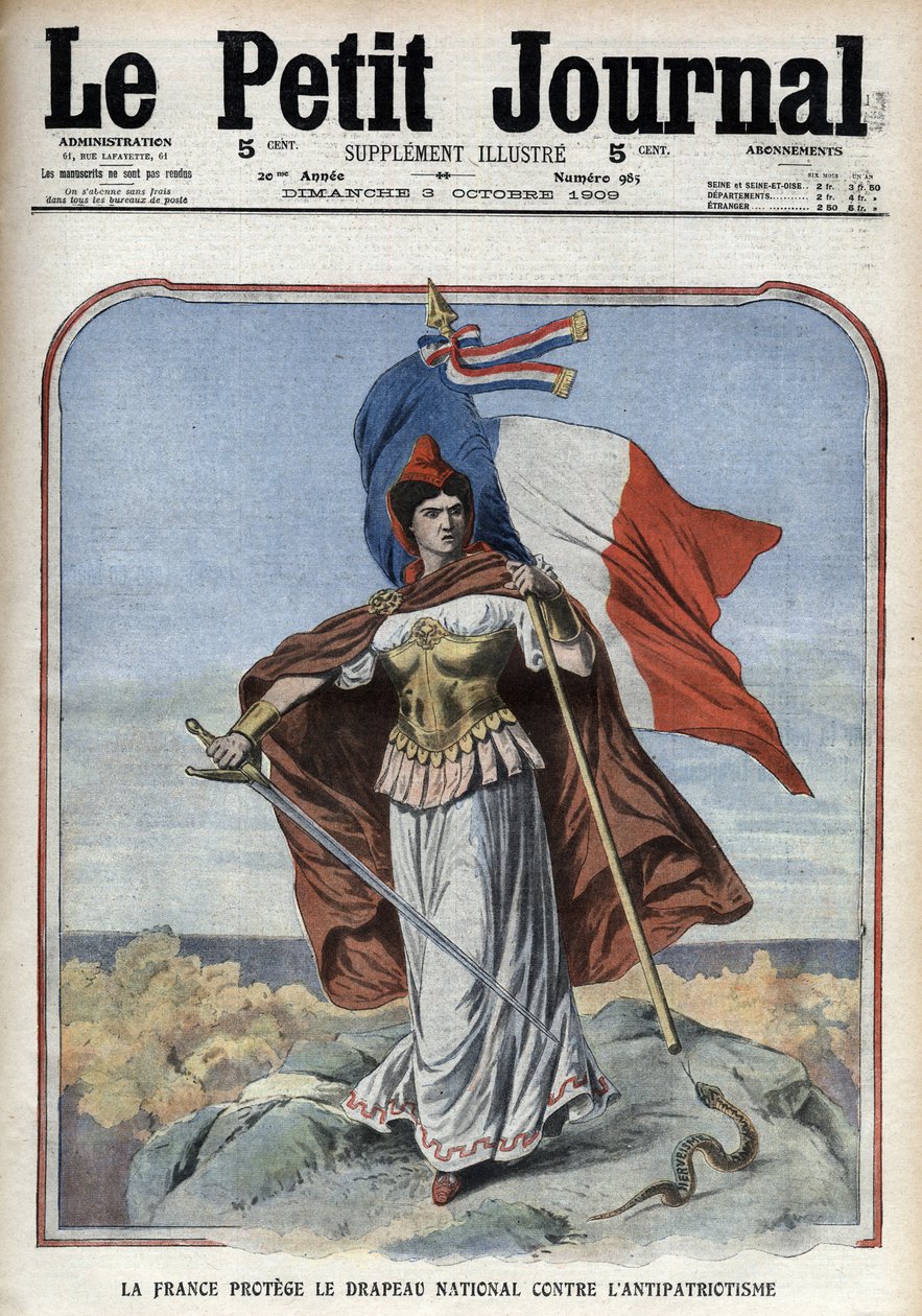 Frankreich (Marianne) schützt die Nationalflagge gegen Antipatriotismus - „Le Petit Journal“ vom Oktober 1909 von Anonymous Anonymous