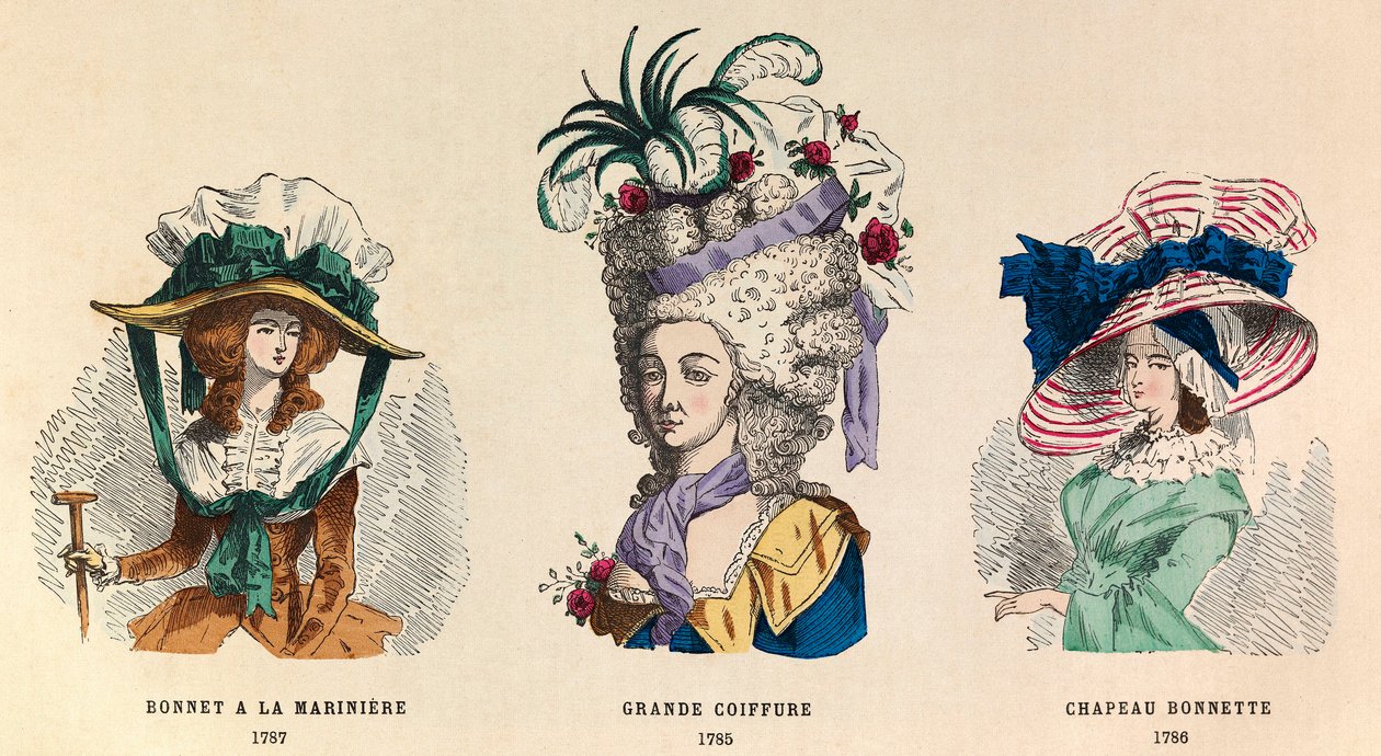 Von links nach rechts: Hut à la marinière 1787; Große Frisur 1785 und Hut Bonnette 1786 von Anonymous Anonymous