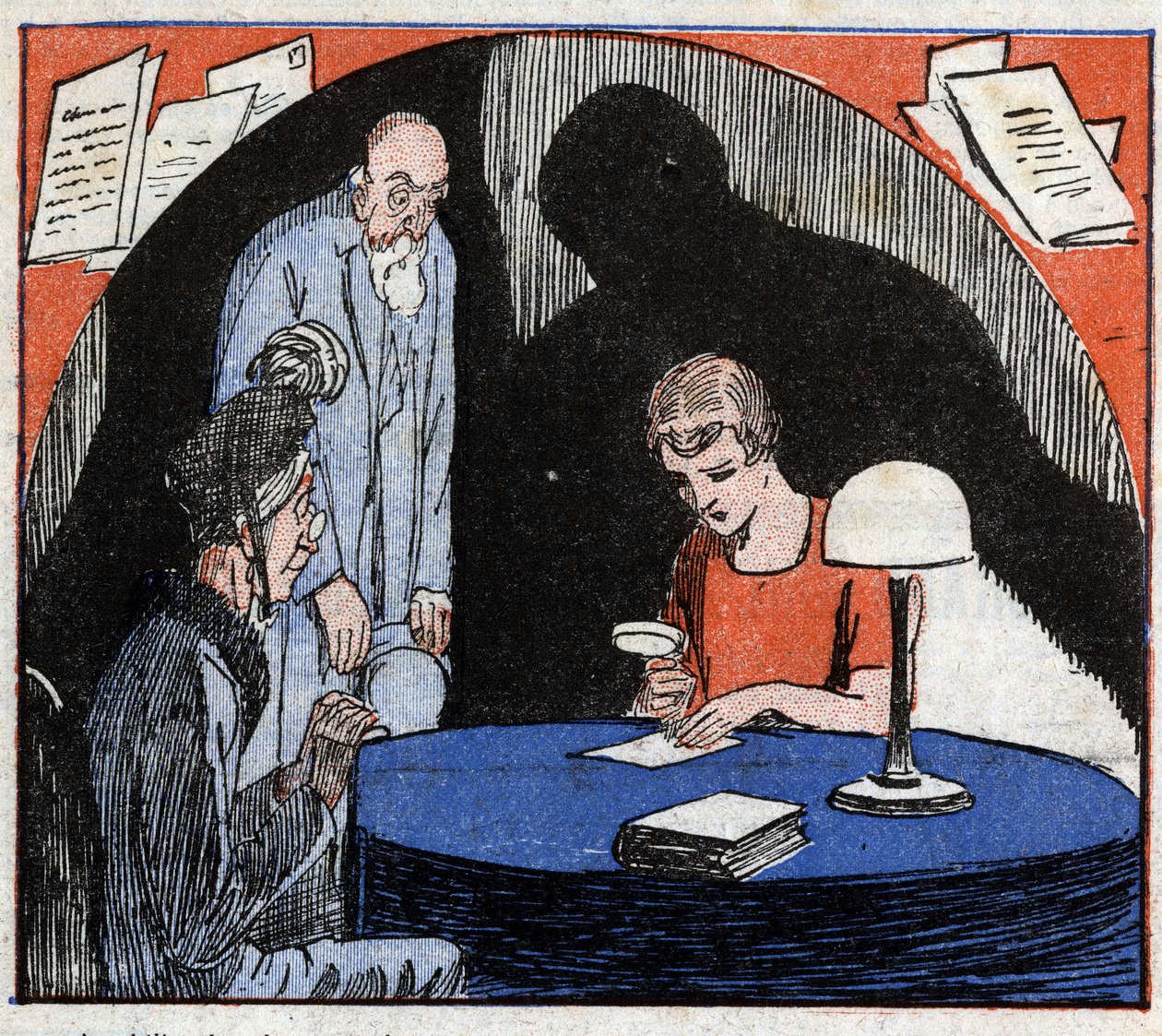 Graphologie: Ein Graphologe, konsultiert von einem alten Paar, liest mit einer Lupe die Handschrift einer Person, um psychologische Merkmale abzuleiten. Gravur in 