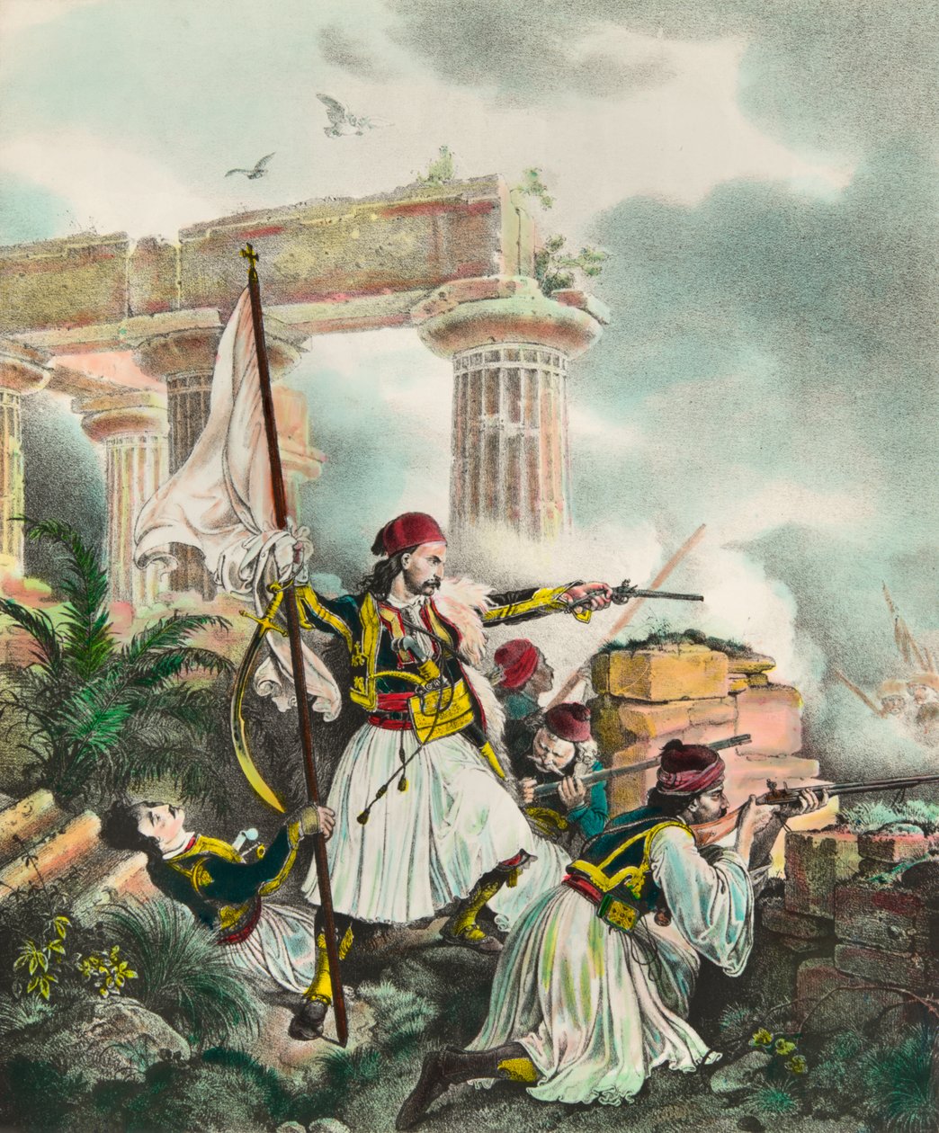 Griechischer Unabhängigkeitskrieg gegen das Osmanische Reich: Die Fahne wird in Salona gehisst (1821). Lithografie des 19. Jahrhunderts von Anonymous Anonymous