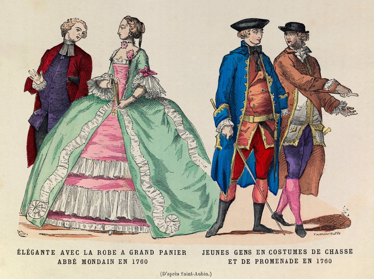 Links: Elegante mit großem Korbkleid, mondäner Abt 1760 / Rechts: Junge Männer in Jagd- und Spazieranzug 1760 (Herrschaft von König Ludwig XV.) - private Sammlung von Anonymous Anonymous