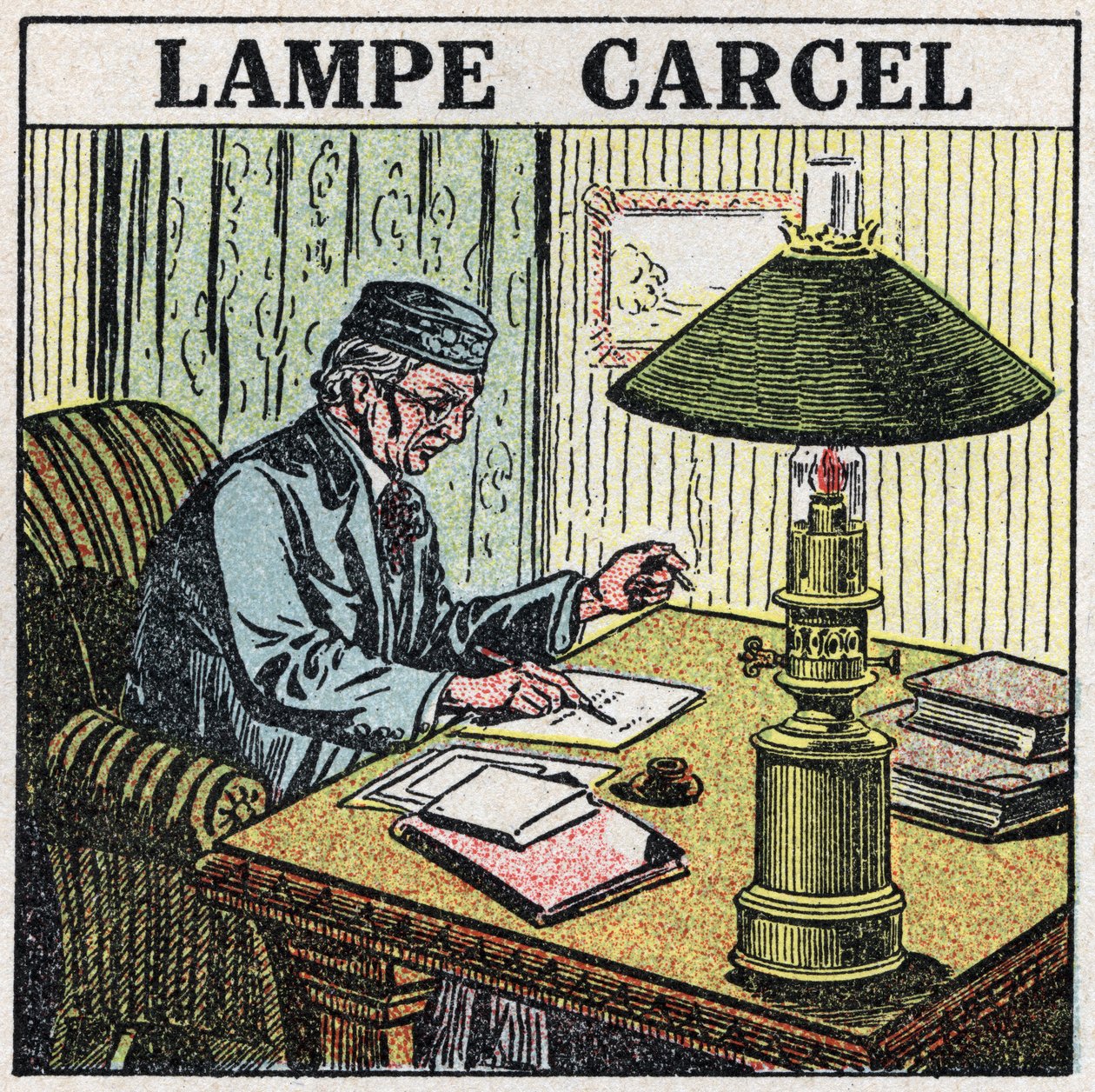 Lichtquellen: Carcel-Lampe, erfunden von Guillaume Carcel (1750-1812) und mit Pflanzenöl betrieben. Anonyme Illustration von 1925. Private Sammlung. von Anonymous Anonymous