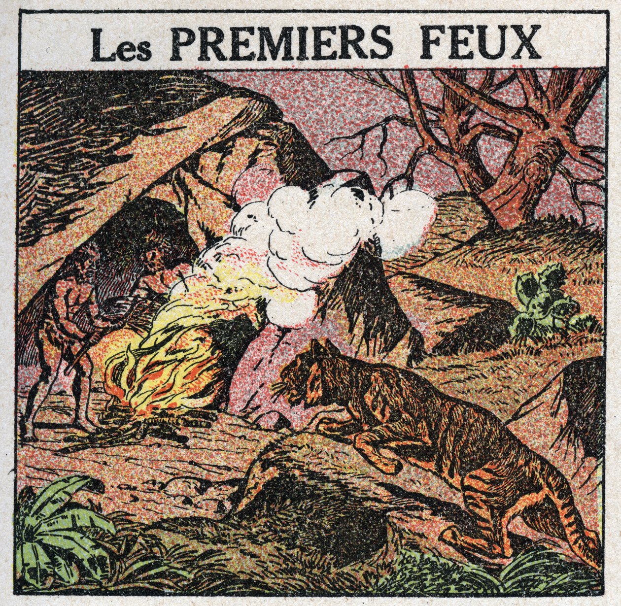 Lichtquellen: die ersten Feuer der prähistorischen Menschen. Anonyme Illustration von 1925. Private Sammlung. von Anonymous Anonymous