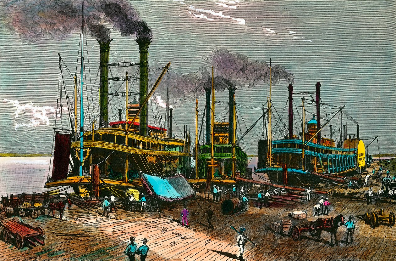 Verladung von Baumwolle auf Dampfschiffe am Mississippi für New Orleans. Gravur des 19. Jahrhunderts. Private Sammlung von Anonymous Anonymous