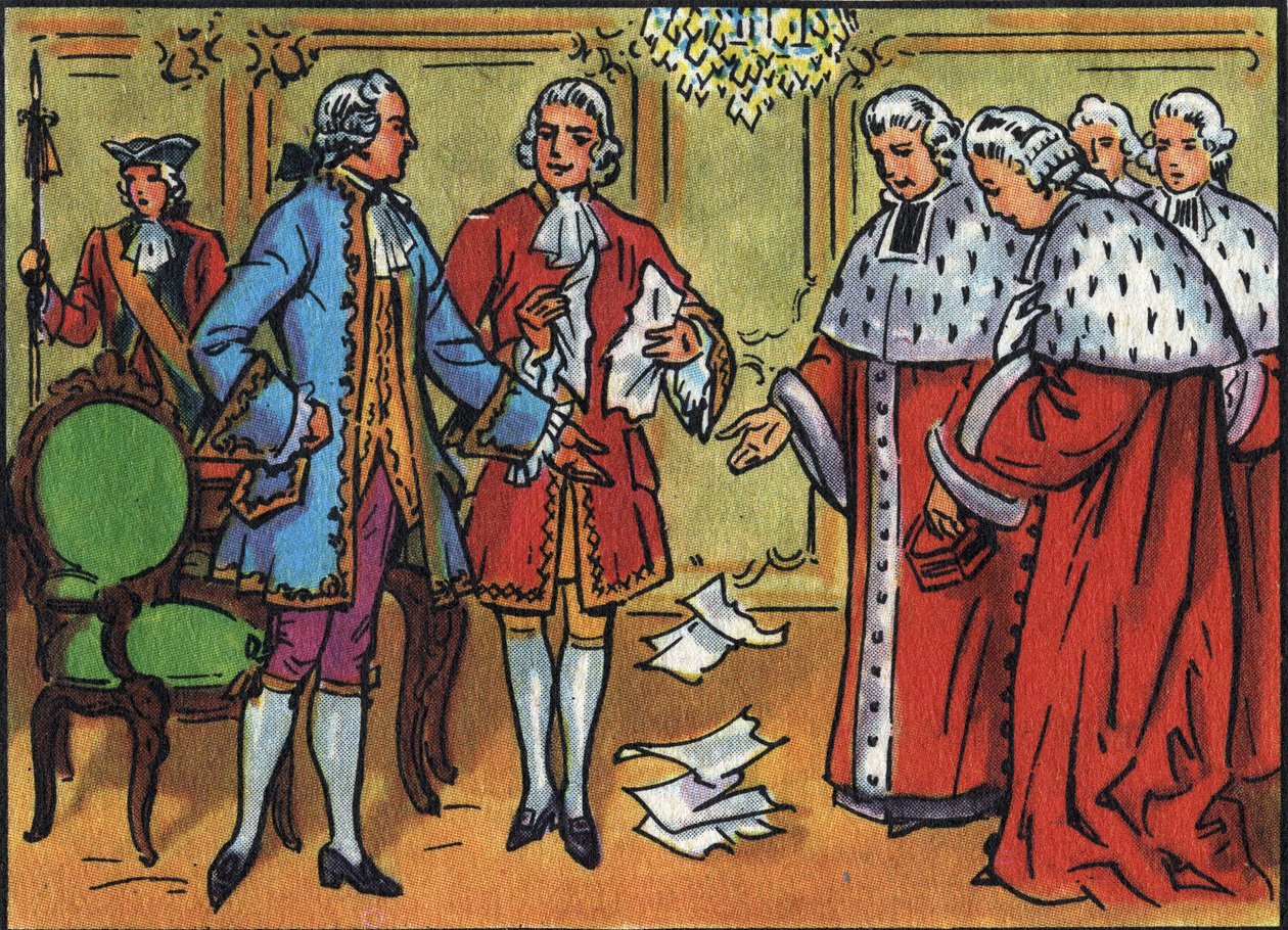 Ludwig XV. (1710-1774), König von Frankreich, hebt die Urteile des Parlaments auf. Anonyme Illustration in Collection des souverains et chefs d