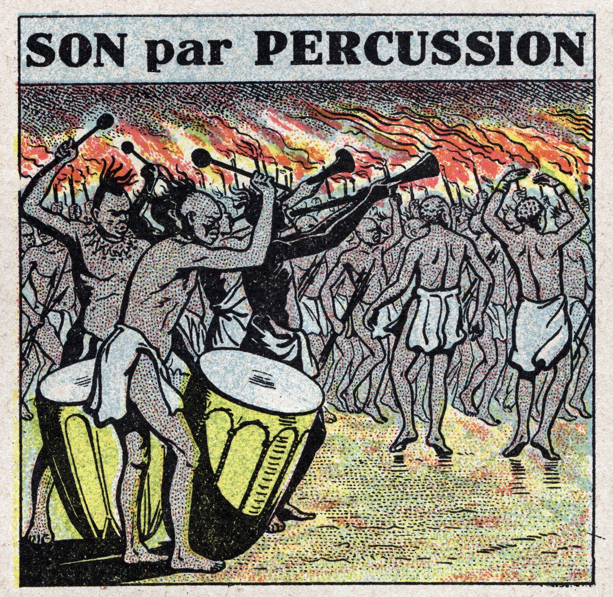 Musikinstrumente: Schlagzeugspieler in einem afrikanischen Dorf. Anonyme Illustration von 1925. Private Sammlung. von Anonymous Anonymous