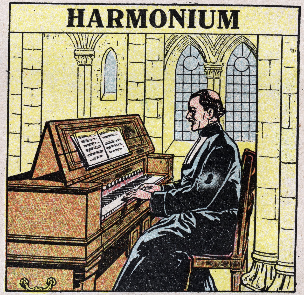 Musikinstrumente: Blasinstrumente bei der Hüfte. Harmoniumspieler in einer Kirche. Anonyme Illustration von 1925. Private Sammlung. von Anonymous Anonymous