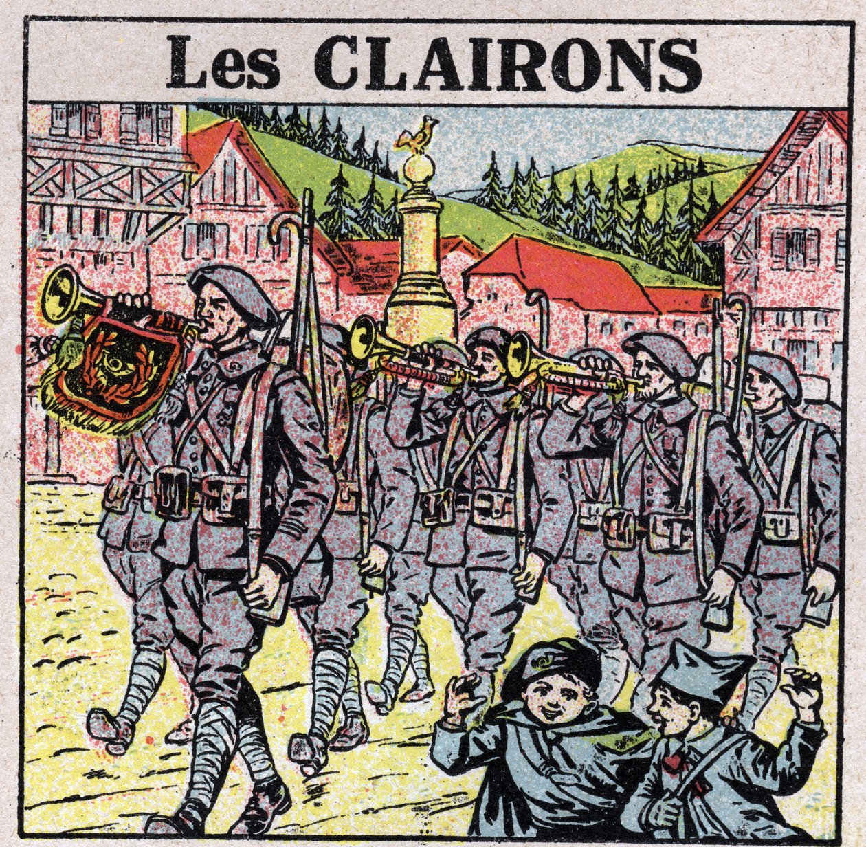 Musikinstrumente: Blasinstrumente mit einem Krugmundstück. Hornisten während eines Militärlaufs. Anonyme Illustration von 1925. Private Sammlung. von Anonymous Anonymous