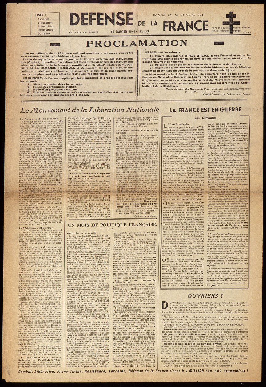 Eine der Untergrundzeitungen „Défense de France“ vom 15.01.1944 von Anonymous Anonymous