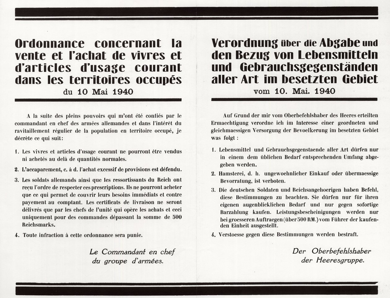 „Verordnung über den Verkauf und Kauf von Lebensmitteln und Gebrauchsgegenständen in den besetzten Gebieten“ - Französisch-Deutsches zweisprachiges Plakat von Anonymous Anonymous