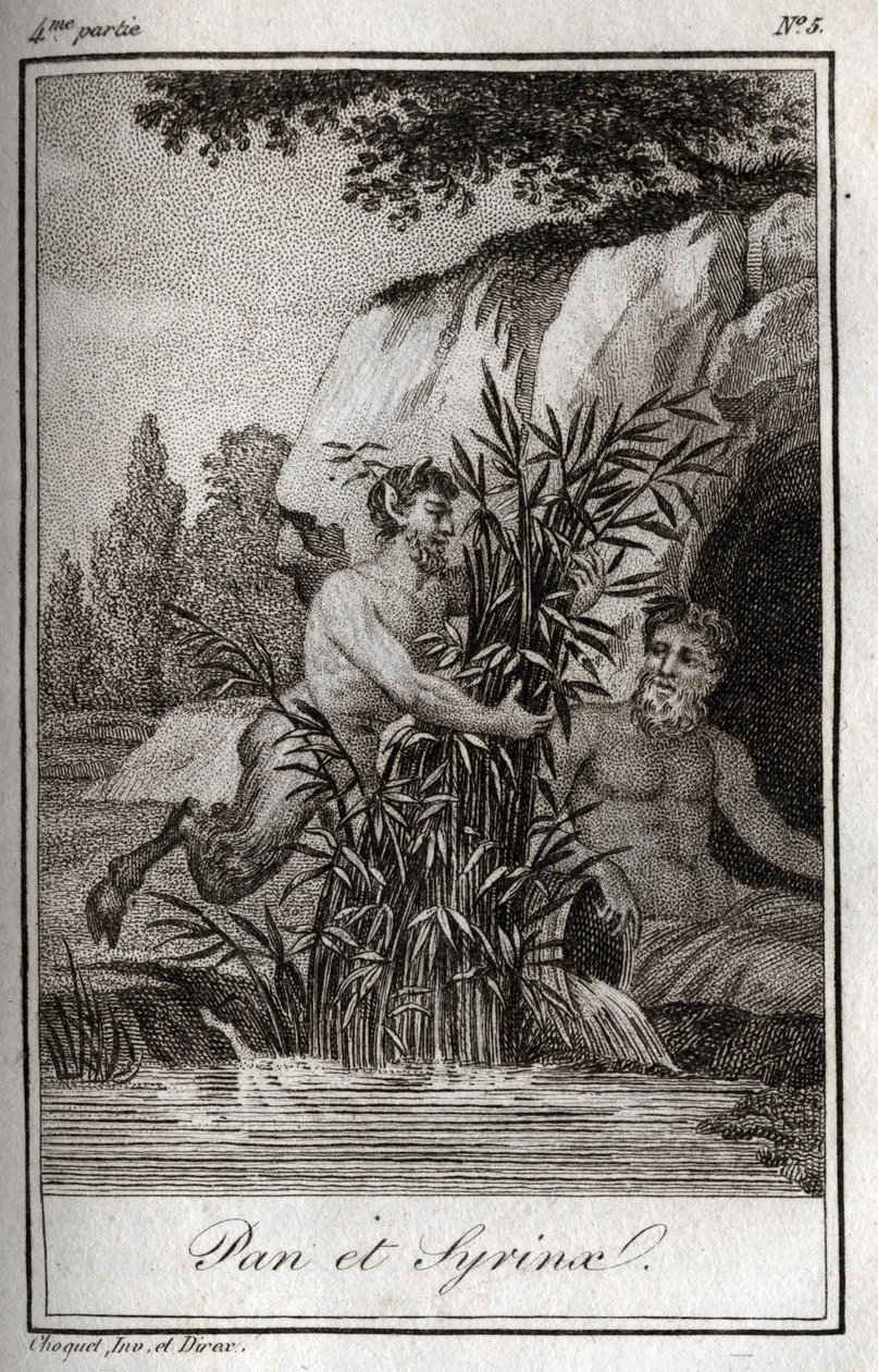 Pan und die Nymphe Syrinx, die in Schilfrohr verwandelt wird. Gravur von 1819 in „Lettres à Emilie sur la mythologie“ von Charles Albert Demoustier (1760-1801). Private Sammlung von Anonymous Anonymous