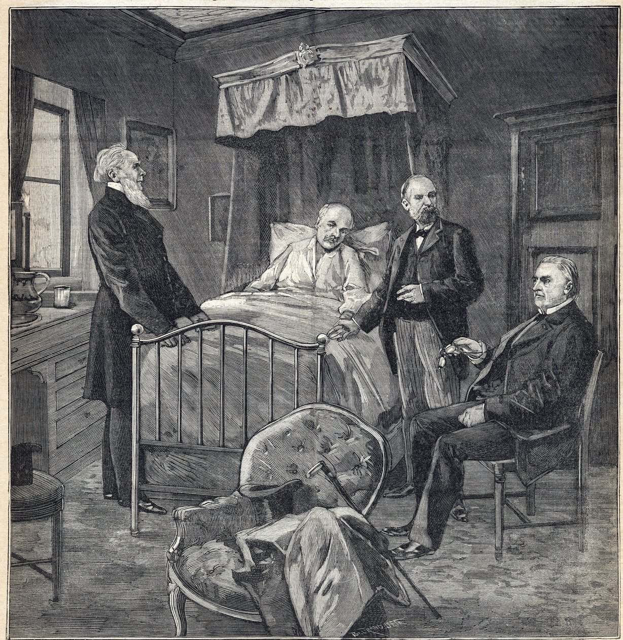 Panama-Skandal (Panama-Fall): Das Zimmer von Cornelius Herz (1845-1898), französisch-amerikanischer Arzt und Geschäftsmann in Bournemouth: Besuch von Dr. Jean Martin Charcot (1825-1893), klinischer Arzt und Neurologe, und Paul Brouardel (1837-1906) - Gravu von Anonymous Anonymous