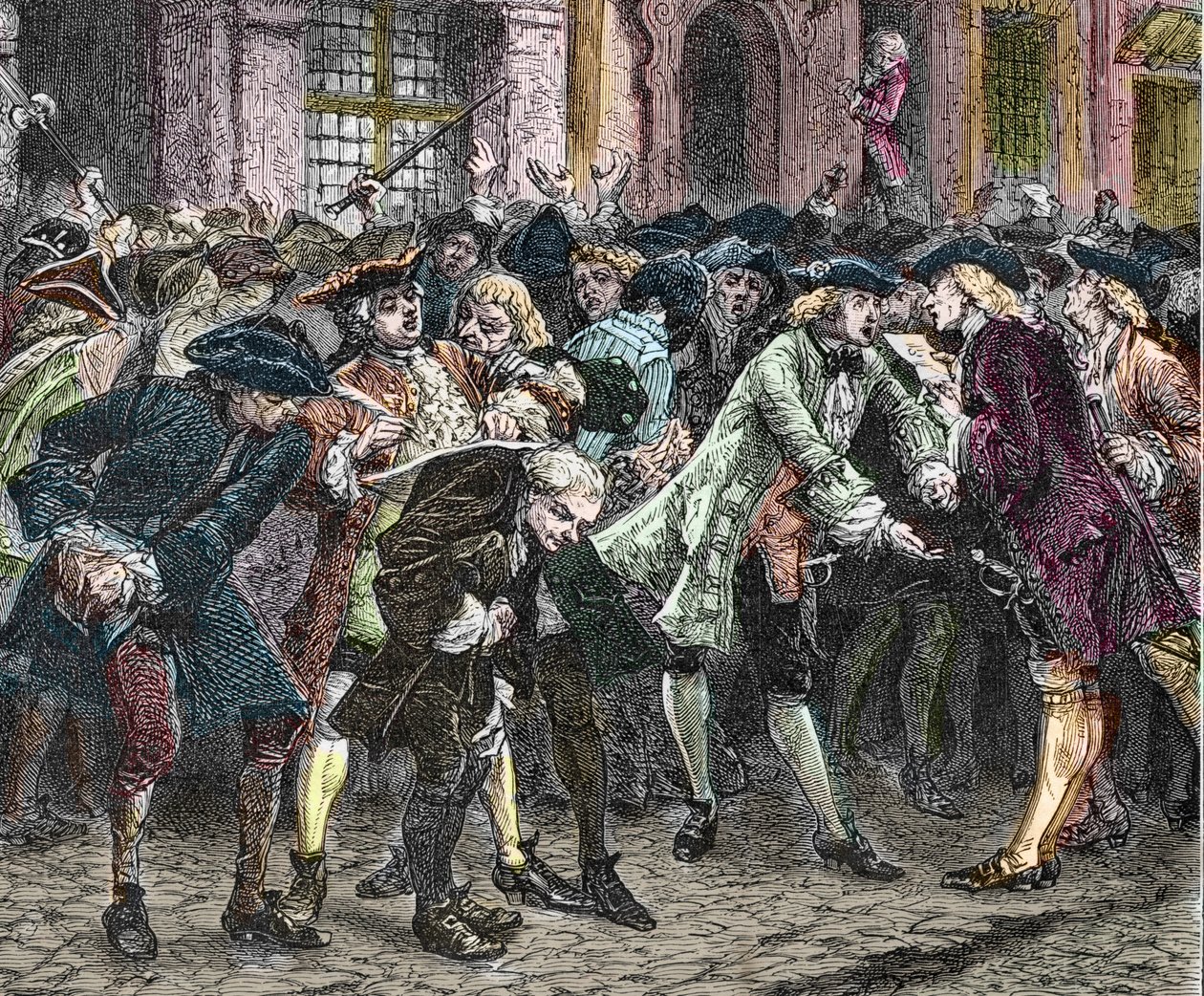 Paris IV. Arrondissement - Die Rue Quincampoix im Jahr 1720 zur Zeit des Systems von John Law (1671 - 1729) - Ansicht der Rue Quincampoix mit den Spekulanten zur Zeit des Systems von John Law von Anonymous Anonymous
