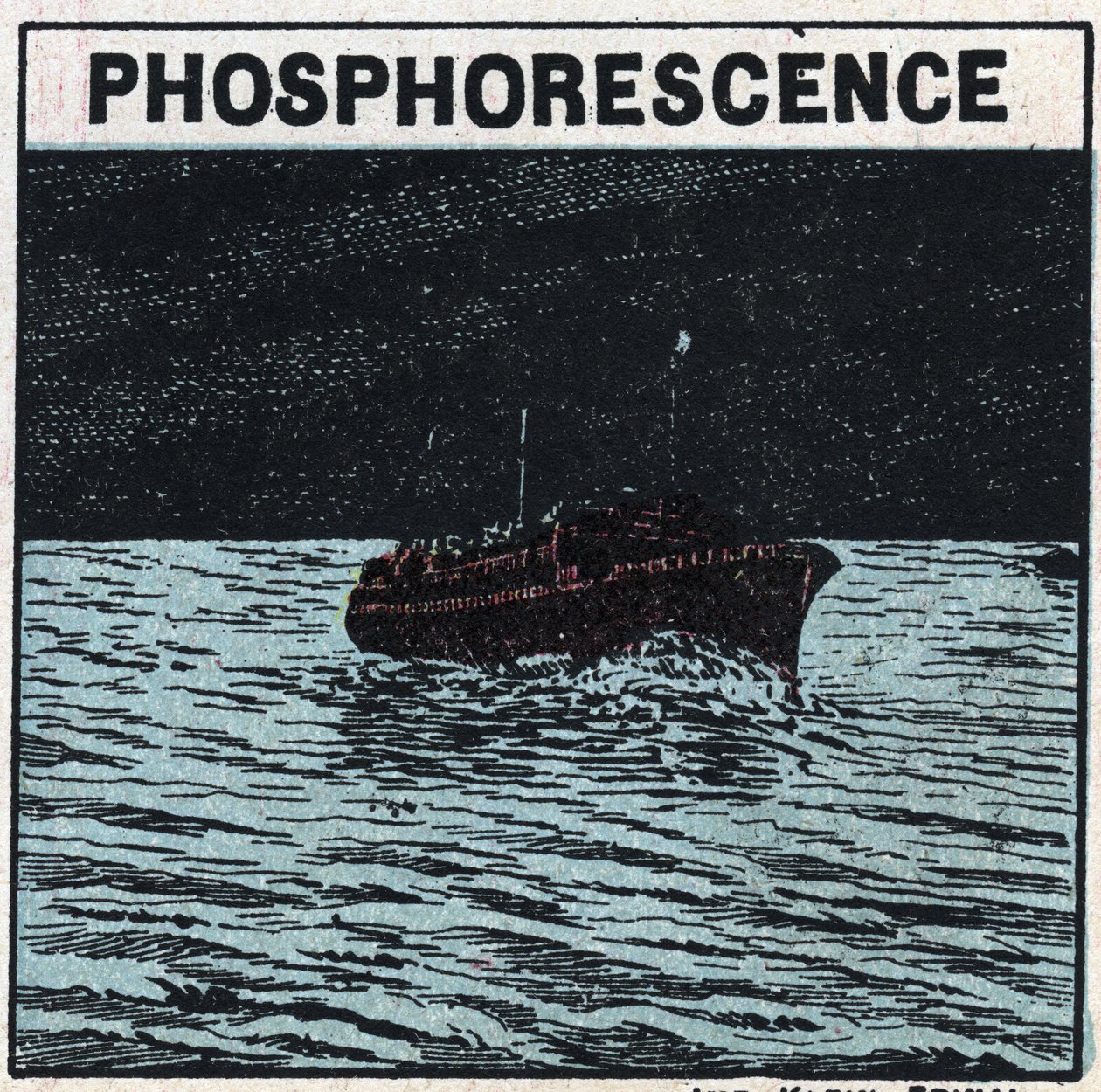 Phosphoreszenz: Die Spur eines Bootes hinterlässt nachts ein Lichtzeichen, wenn es durch eine Bank von phosphoreszierenden Tieren namens Infusorien „Noctiluques“ fährt. Anonyme Illustration von 1925. Private Sammlung. von Anonymous Anonymous