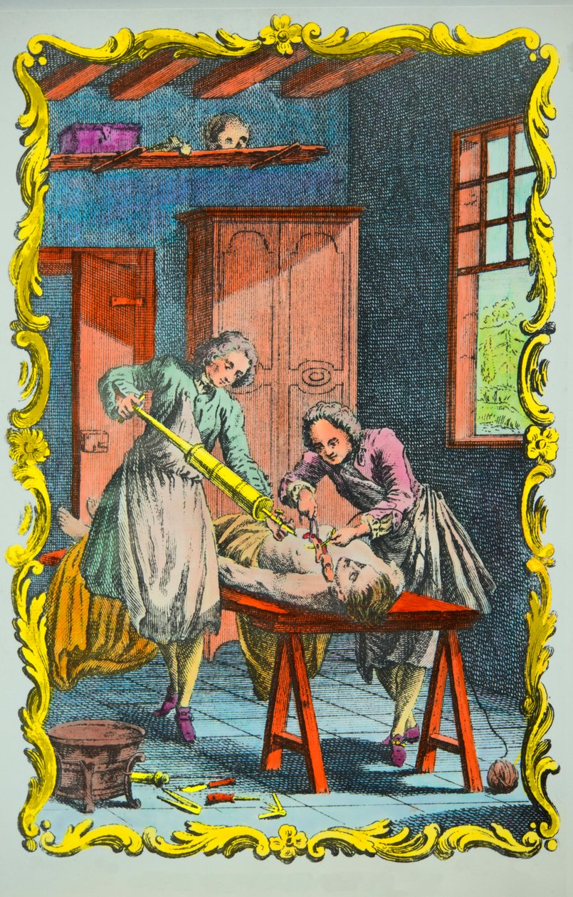 Arzt, der die Blutbewegung untersucht: Frontispiz der „Mémoire sur le mouvement du sang et sur les effets de la saignée“ von Albrecht von Haller (1708-1777) 1756. Private Sammlung von Anonymous Anonymous