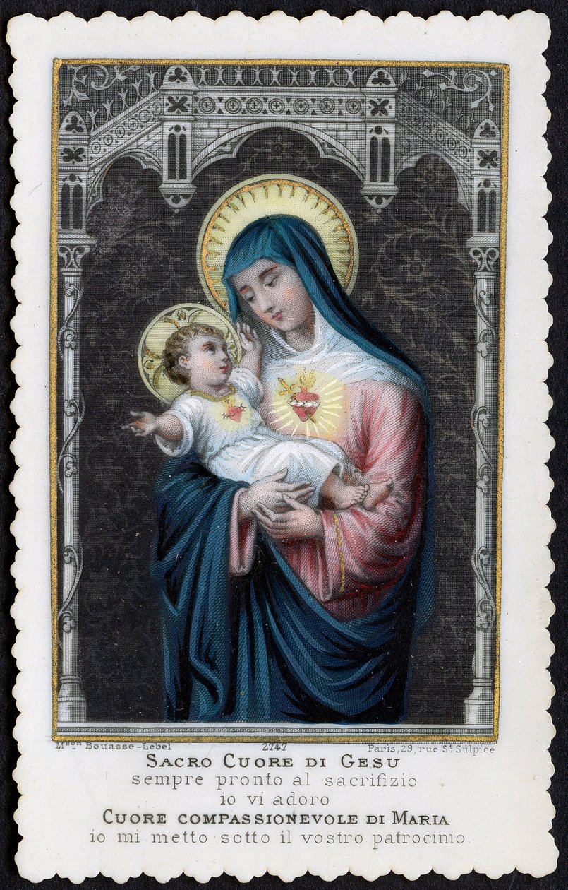 Andachtsbild: Jesus als Kind in den Armen seiner Mutter Maria, mit dem Heiligen Herzen (Stich) von Anonymous Anonymous
